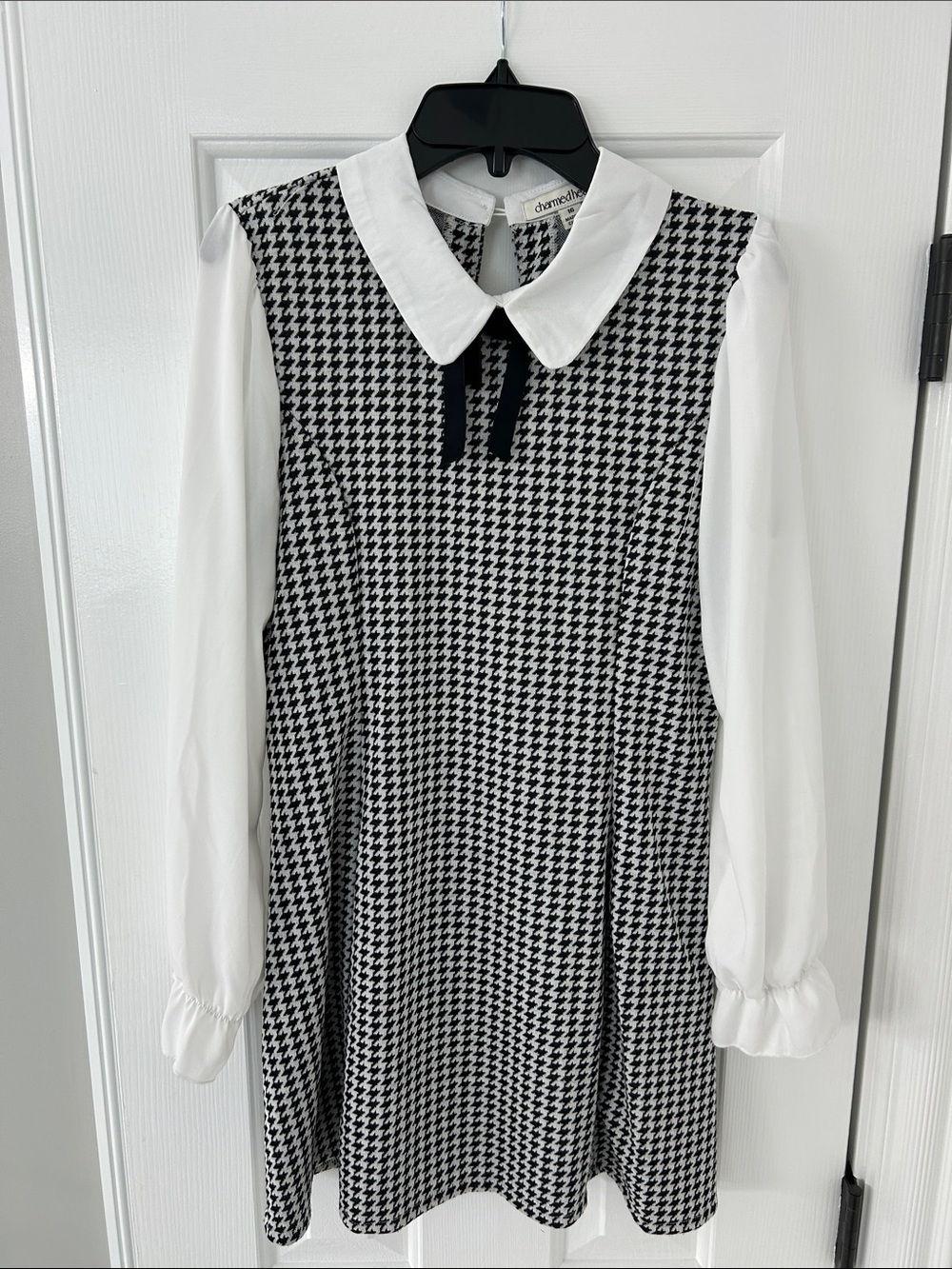 Girls Charmed Hearts Houndstooth Peter Pan Collar Dress White Sleeves - Size 16